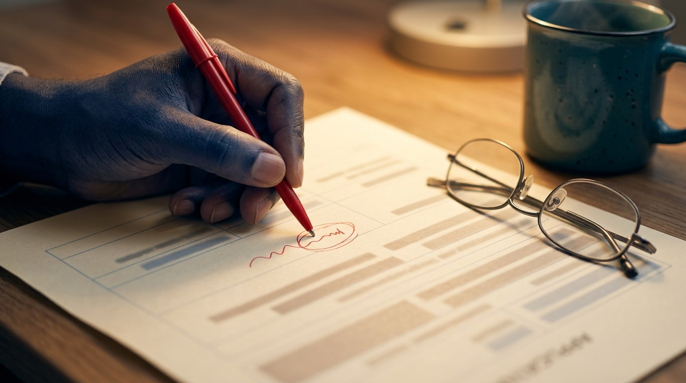 A hand marks corrections on a printed document, showing common mistakes in English for online work India applications.