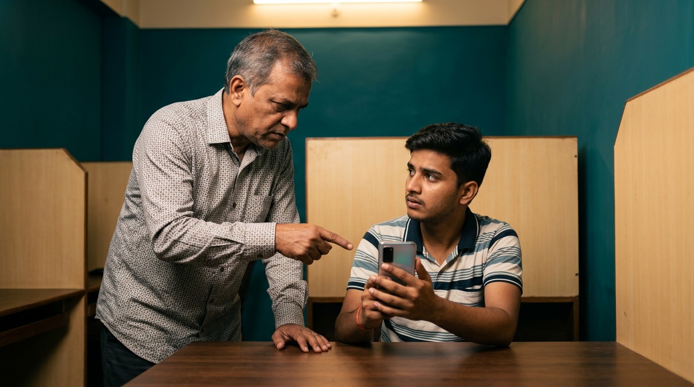Two men discuss registration fees while looking up handwriting jobs from home on a phone.
