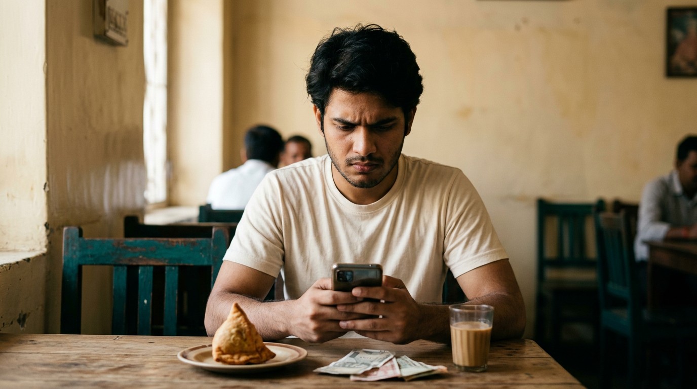 A young man doubts a suspicious offer while looking for work from home jobs for freshers.