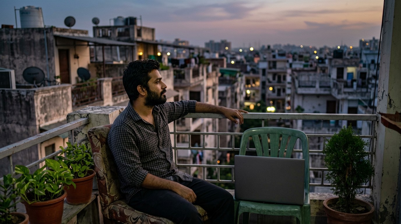 An Indian man on a rooftop balcony at dusk with a closed laptop, between AI training projects.