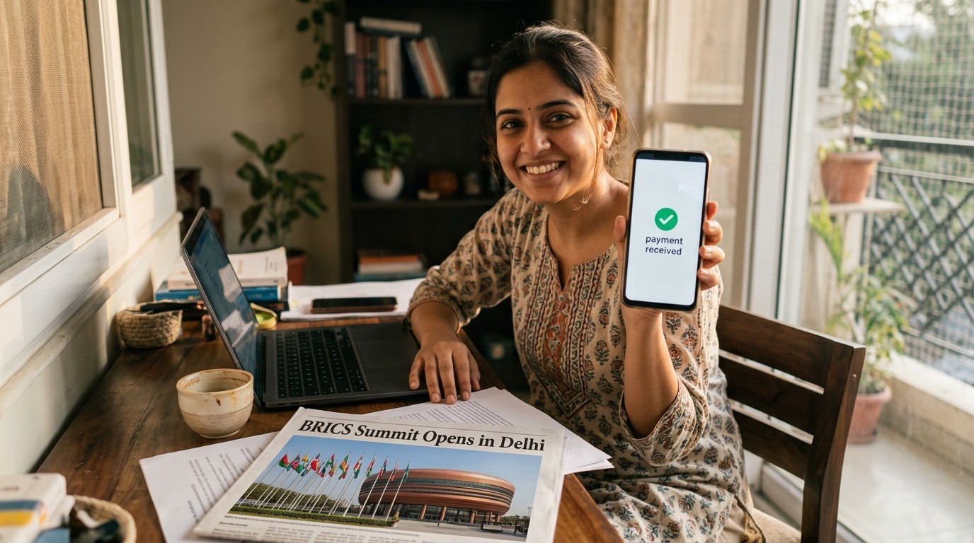 An Indian freelancer at her desk shows a payment received screen beside a paper headlining the BRICS summit