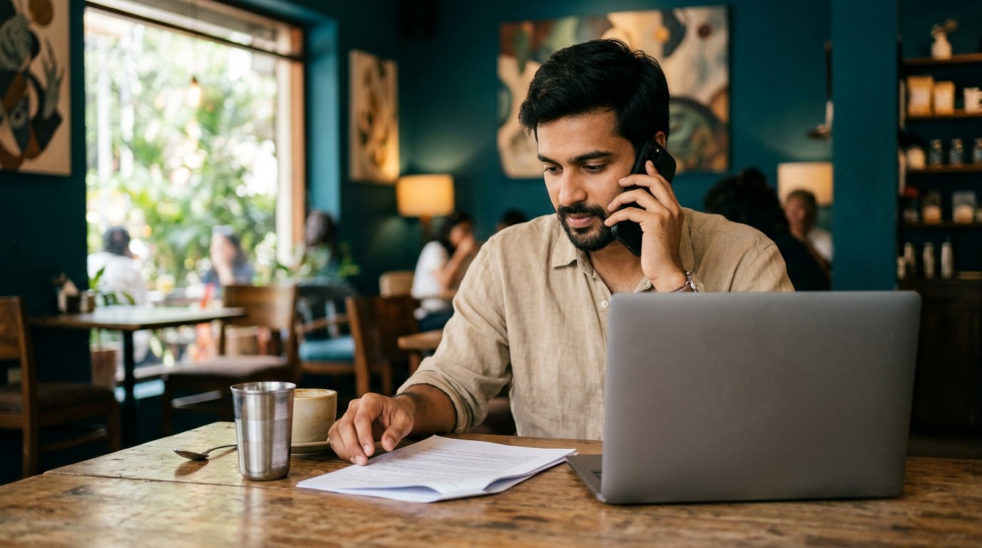 An Indian freelancer discusses voluntary gst registration for freelancer over the phone in a cafe.