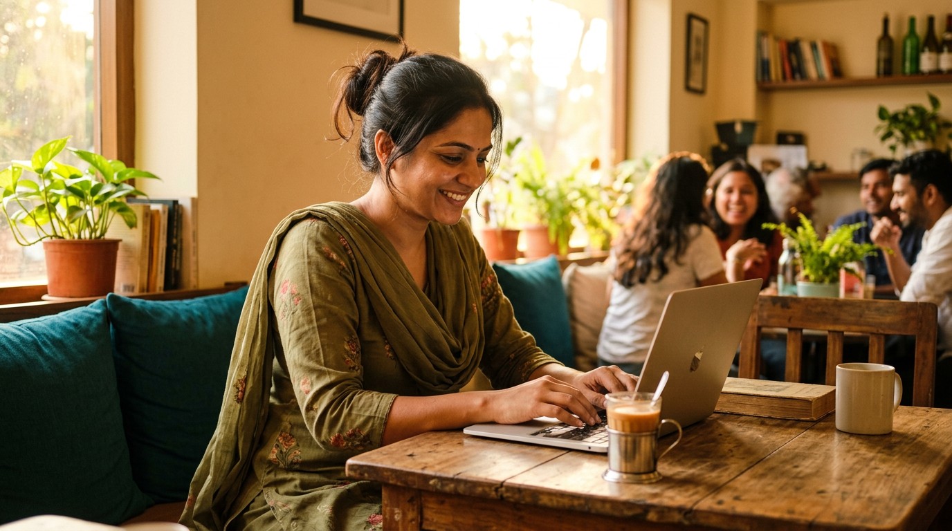 An Indian woman working in a cafe pondering tax rules like itr3 vs itr4 online earners.