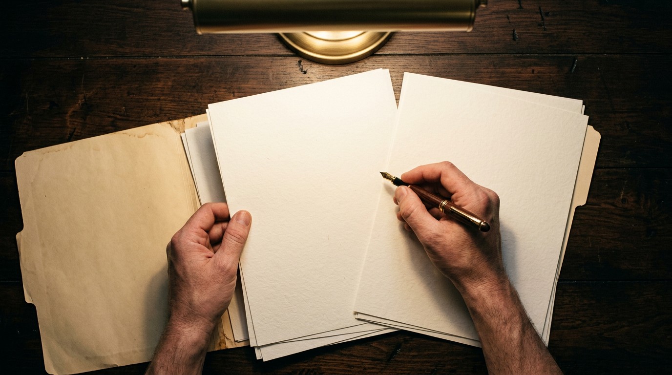 Blank case file pages and a pen, the paper trail behind handwriting jobs from home.