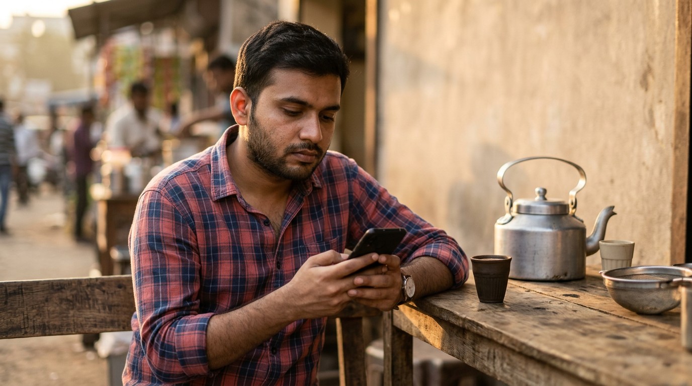 A man checks his phone for updates on amazon work from home jobs at a tea stall.