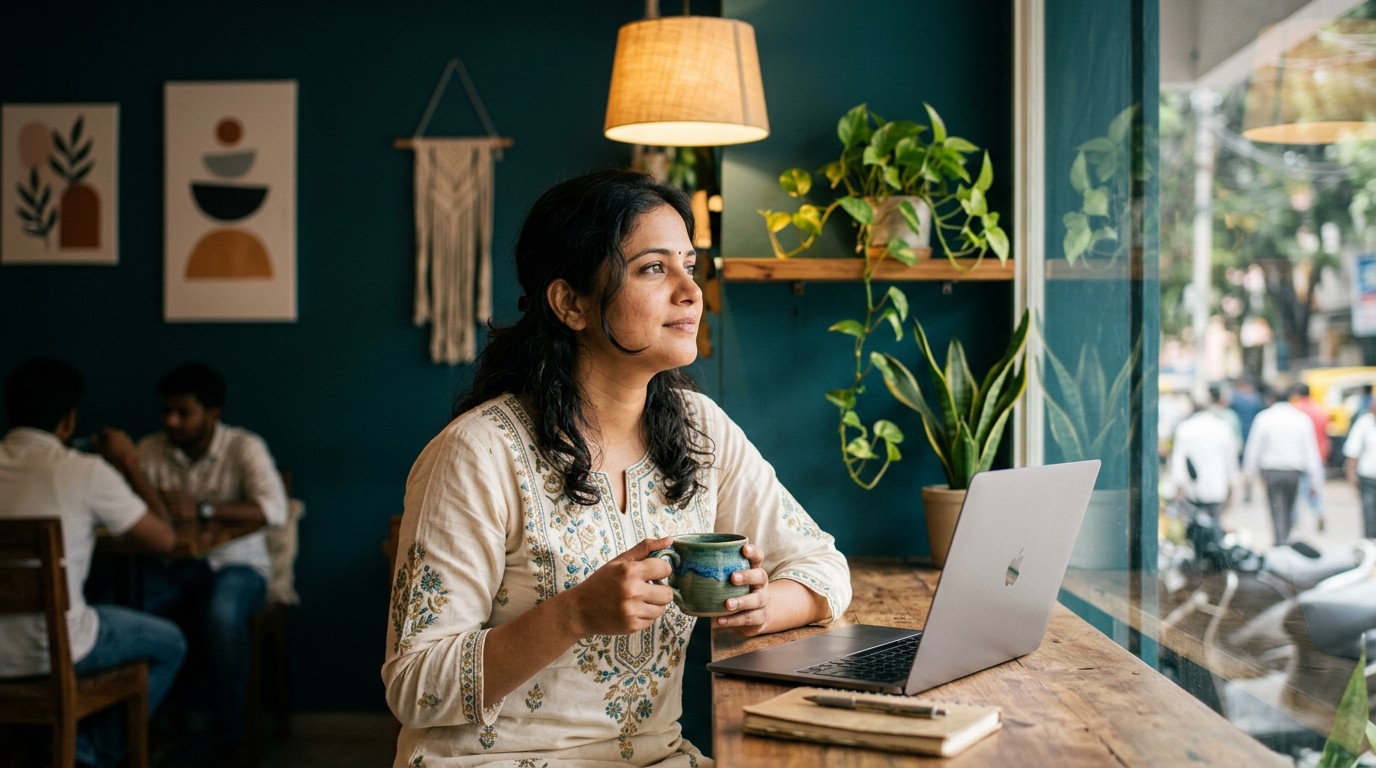 A freelance worker deciding between appen vs clickworker vs telus vs outlier in a cozy cafe.