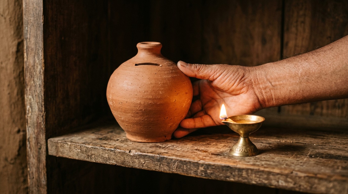 A hand resting on a clay gullak beside a brass diya, a savings pot for irregular AI training hours income.