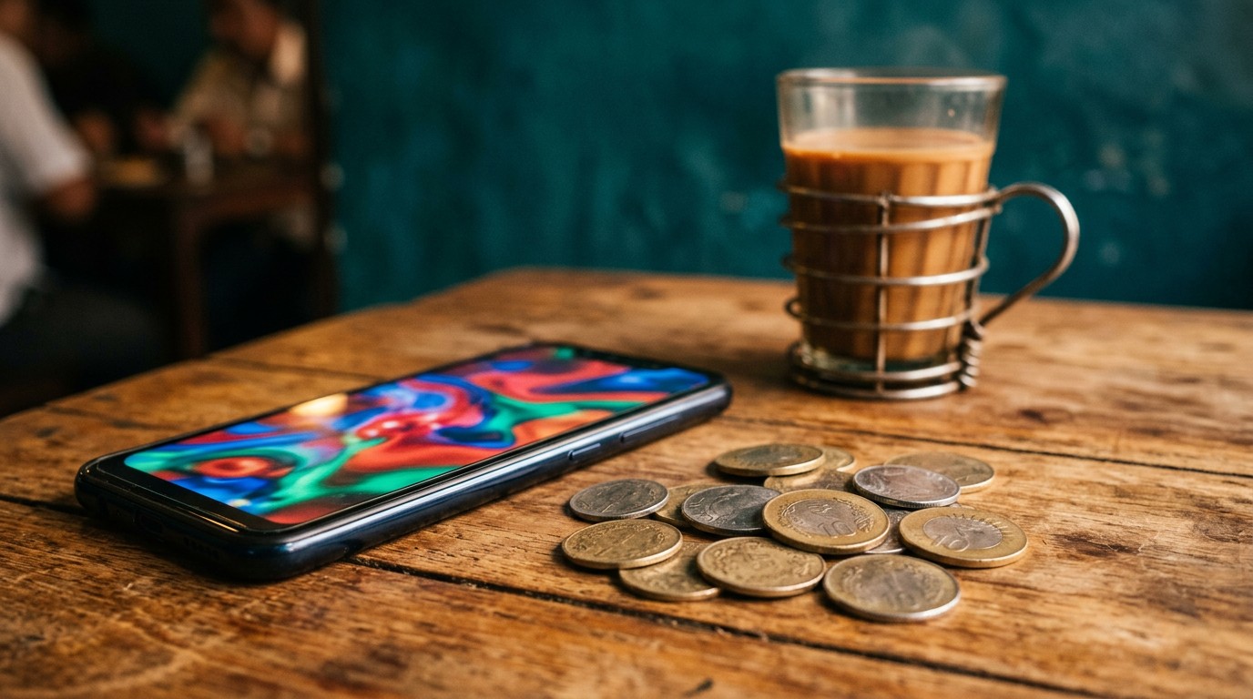Indian rupee coins lie next to a phone used to watch ads and earn money.