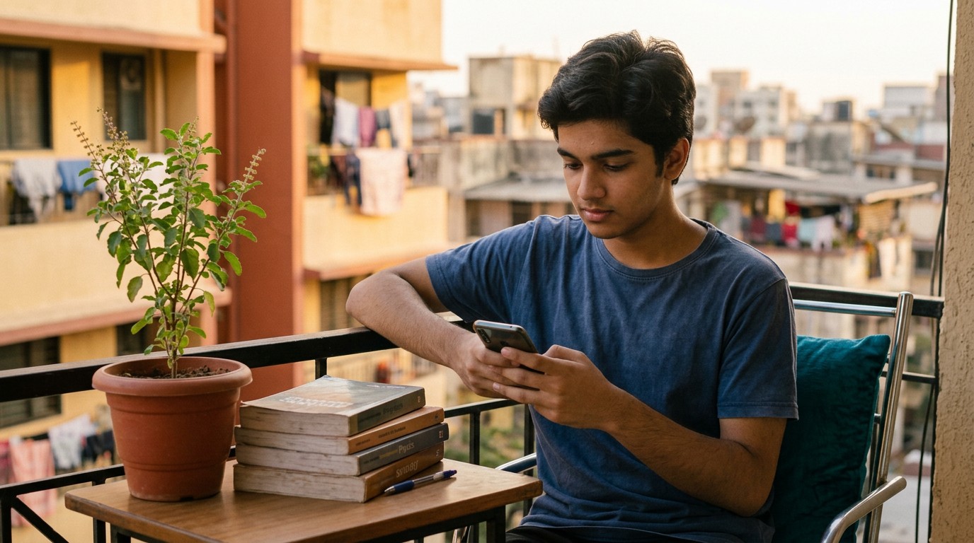 Student in India on a balcony checking AI training eligibility rules for students on his phone