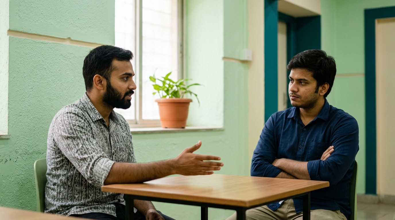 Two Indian men debating freelancing vs ai training india across a co-working table.