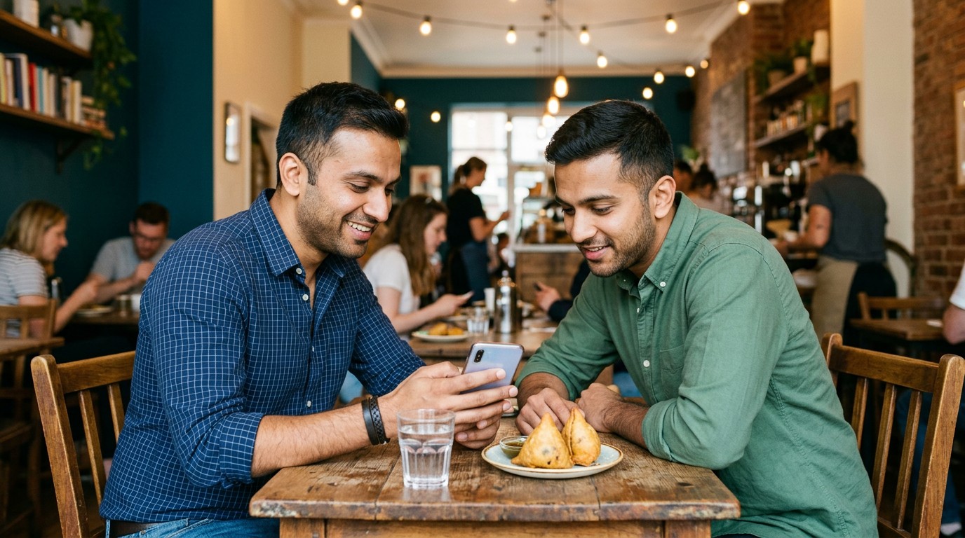 Two Indian professionals compare payment apps like wise india on a smartphone in a cafe.