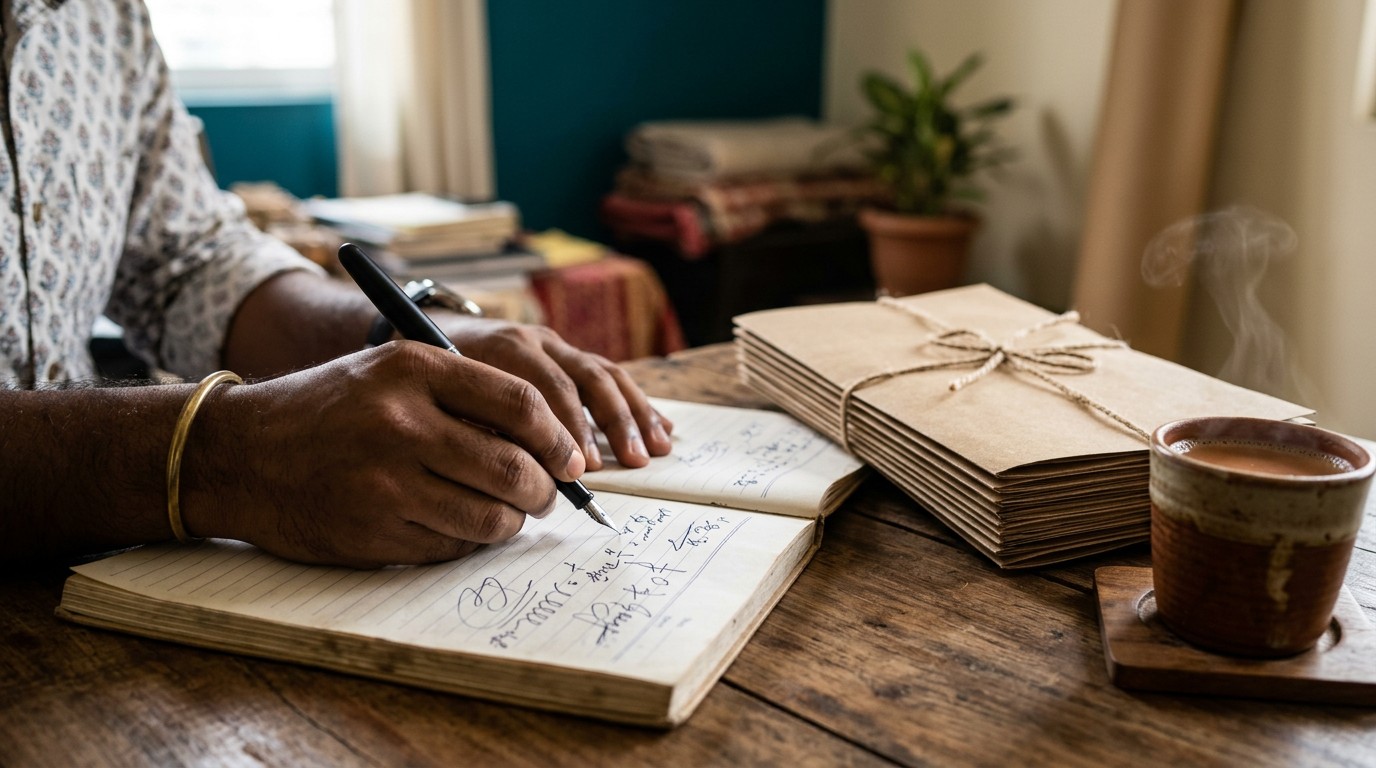 An Indian freelancer writes turnover figures into a paper ledger next to invoice folders, tracking the gst registration for freelancer threshold.