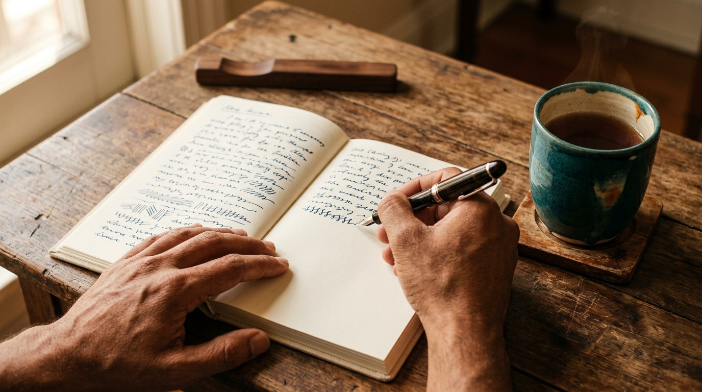 A hand writes out the fee calculation for a Wise India invoice in a notebook beside a cup of chai.