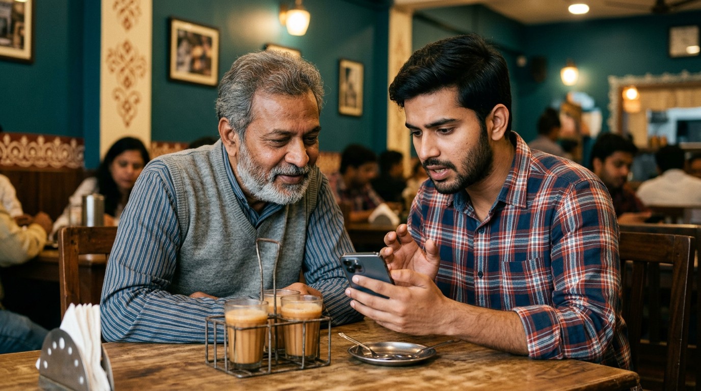 Two Indian men discussing online fraud related to form filling jobs work from home in a cafe.
