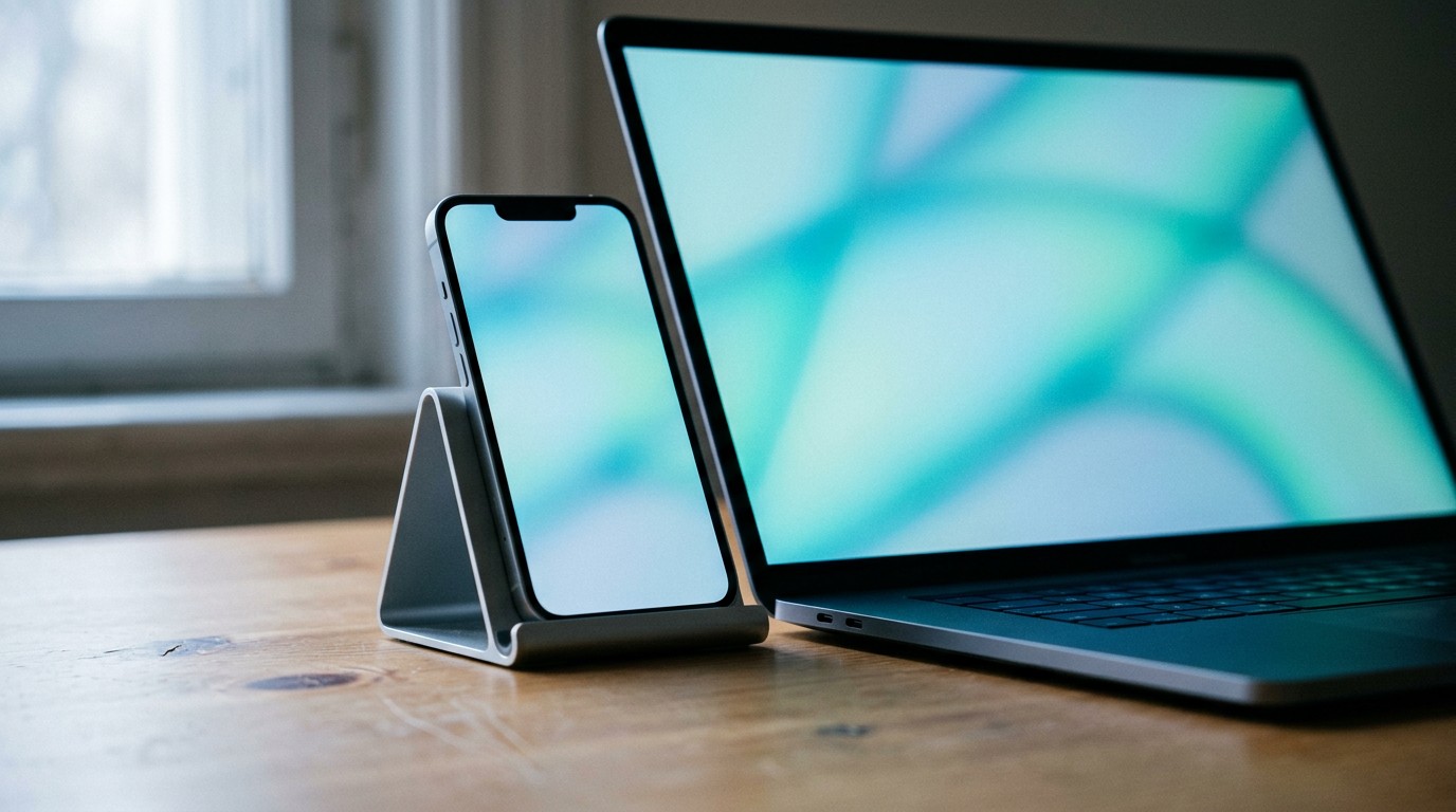 A smartphone alongside a laptop shows the dual device setup needed for ai training work laptop requirements.