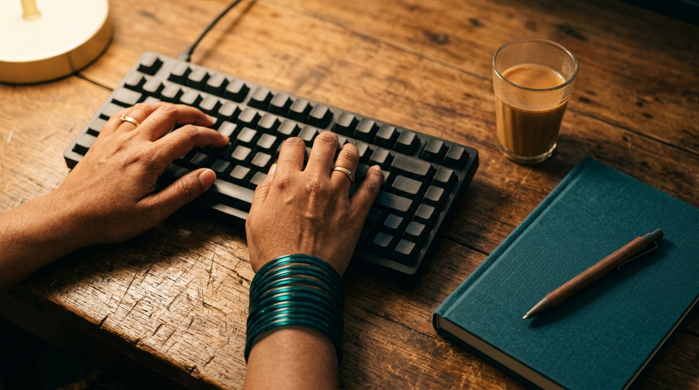 Hands typing on a keyboard beside chai during content writing work from home.