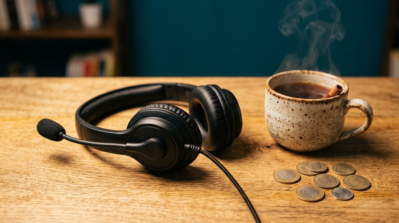 A headset and rupee coins represent setup costs for amazon work from home jobs.