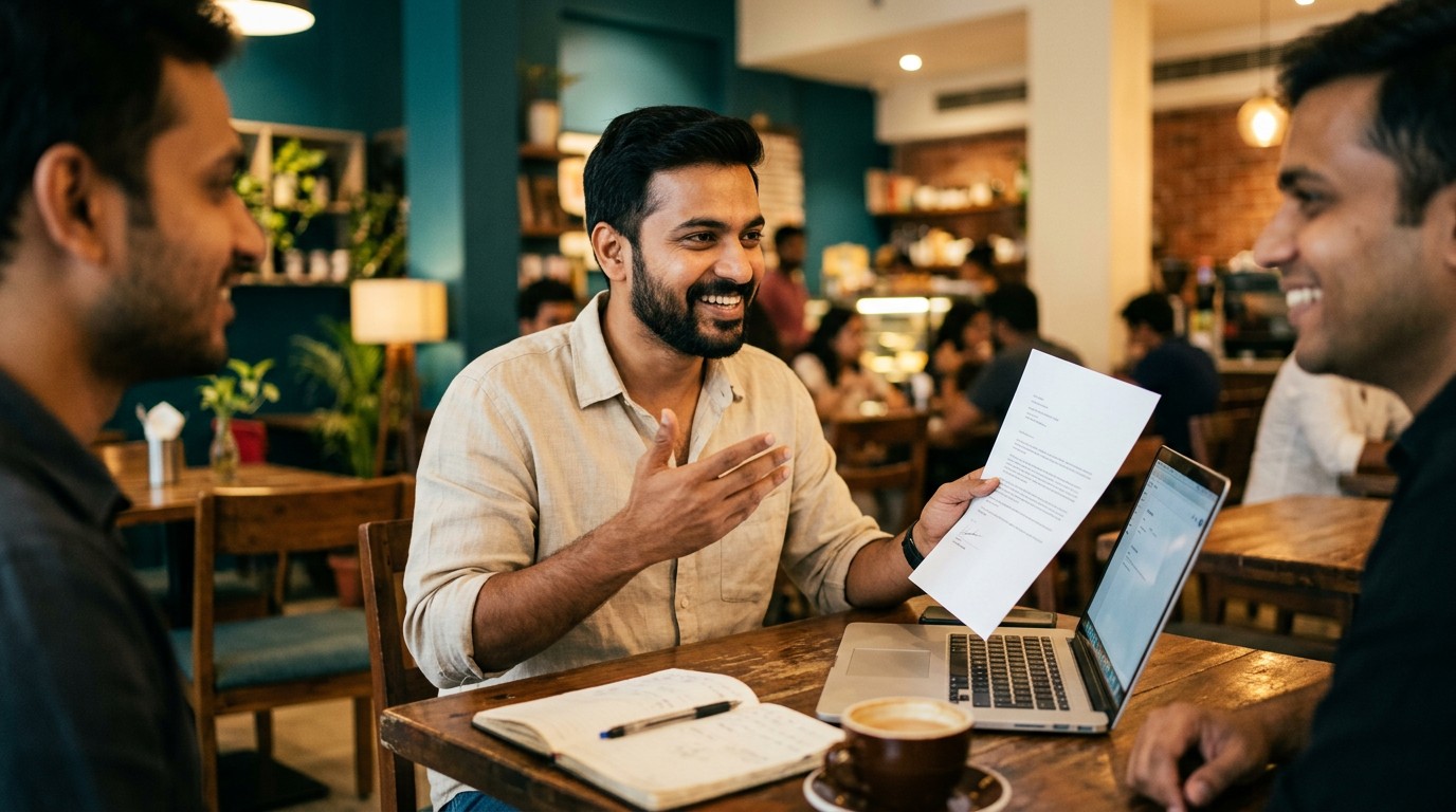 A smiling freelancer discusses obtaining his FIRA certificate through payoneer india at a cafe.