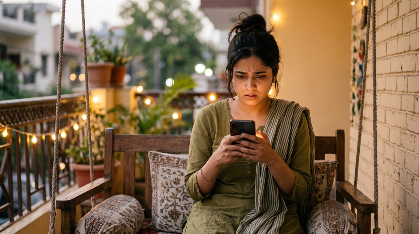 An anxious gig worker checking her phone, reflecting on freelancing vs ai training india task availability.