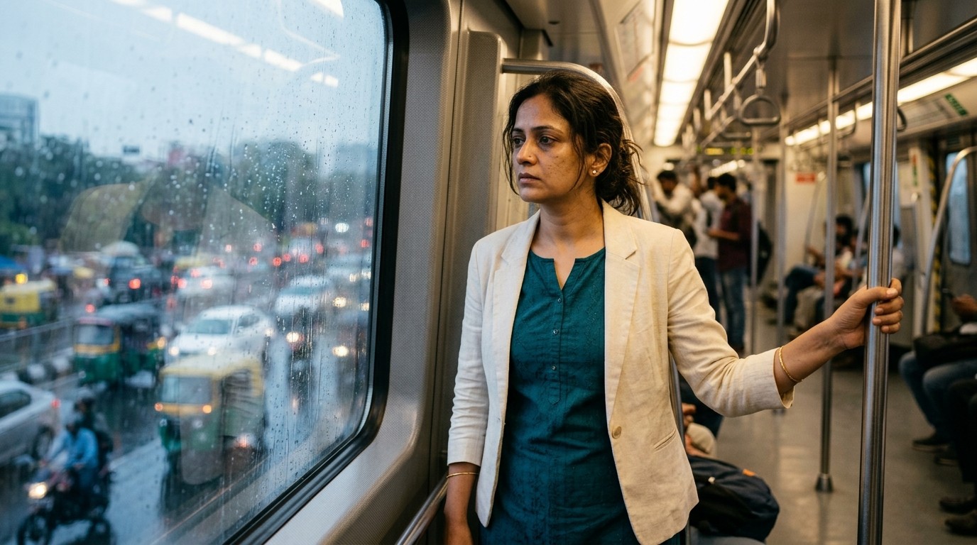 An Indian woman commuting on a train, highlighting why some flexjobs india listings require hybrid travel.