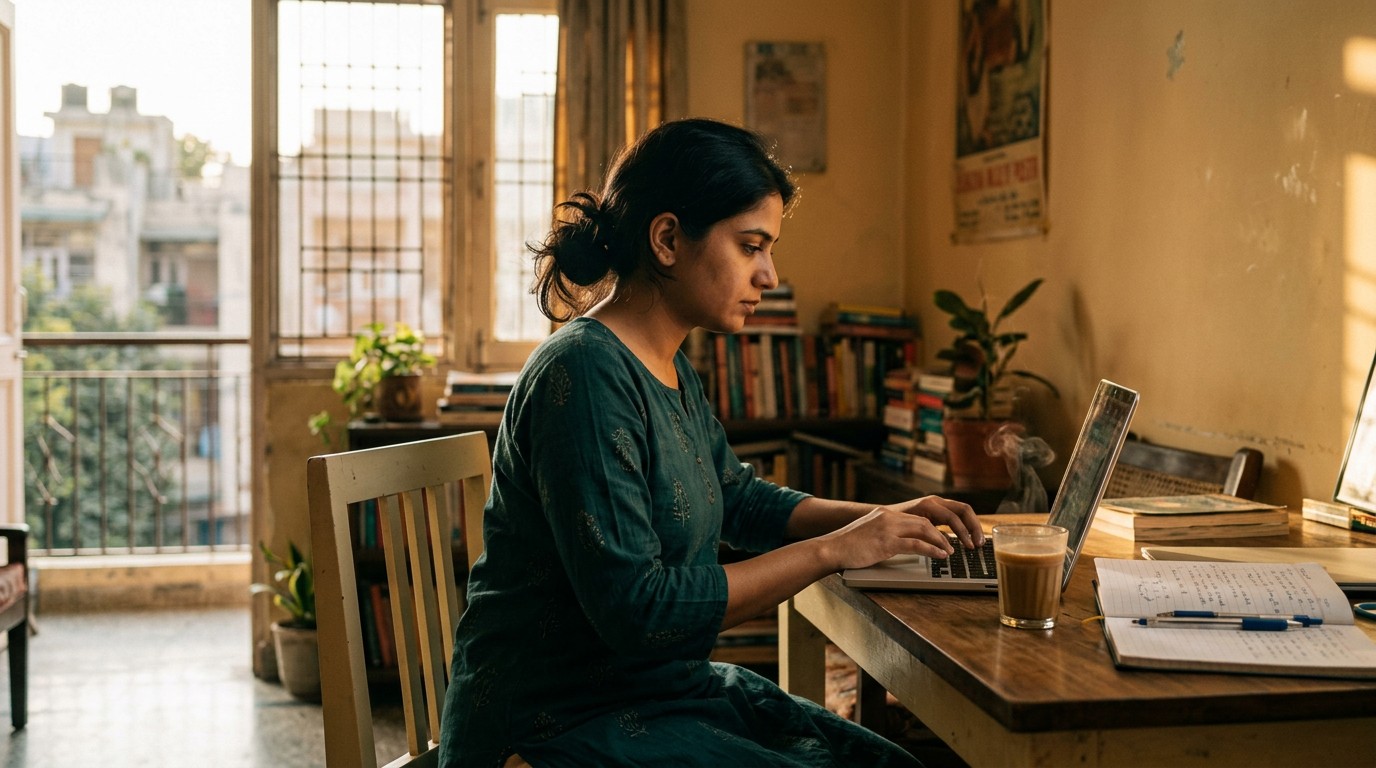 An Indian woman doing content writing work from home on her laptop in a warm apartment.