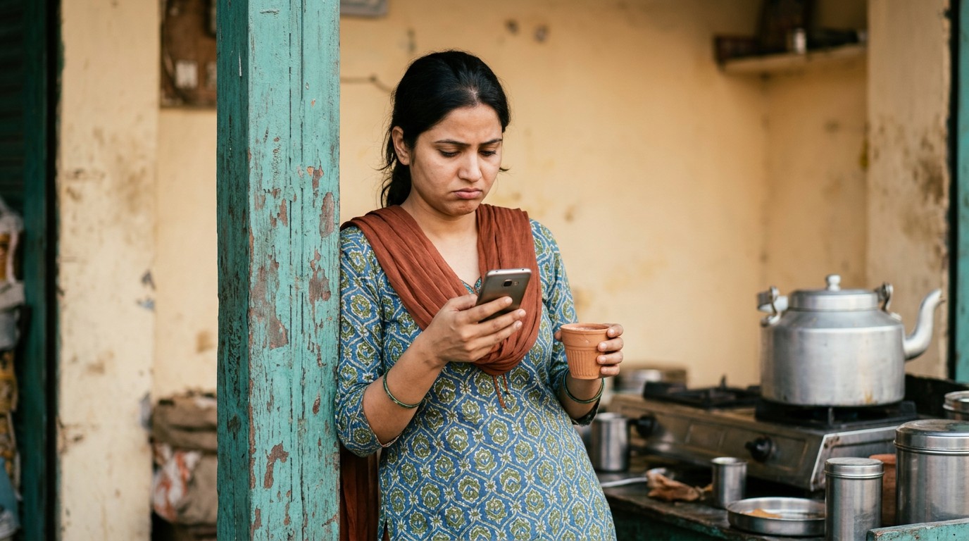 An Indian woman checks her phone to watch ads and earn money at a tea stall.