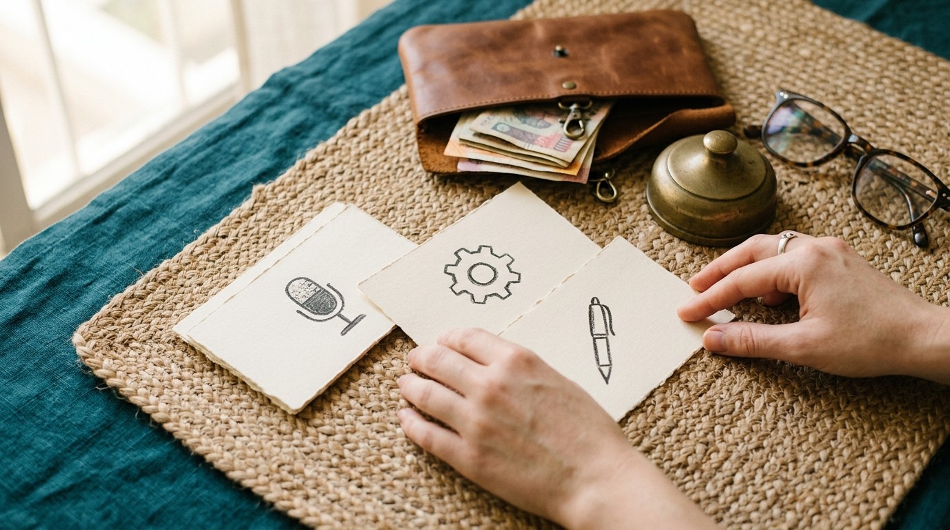 Hand-drawn category cards and Indian rupee notes on a desk, representing categories for remote working jobs.
