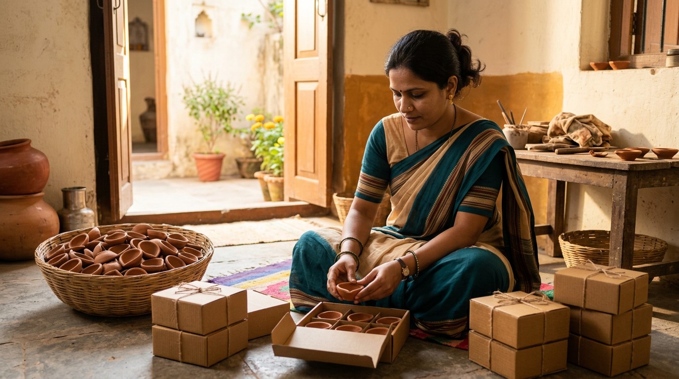 An Indian woman packing handmade items at home, showing legitimate alternatives to fake packing jobs from home.