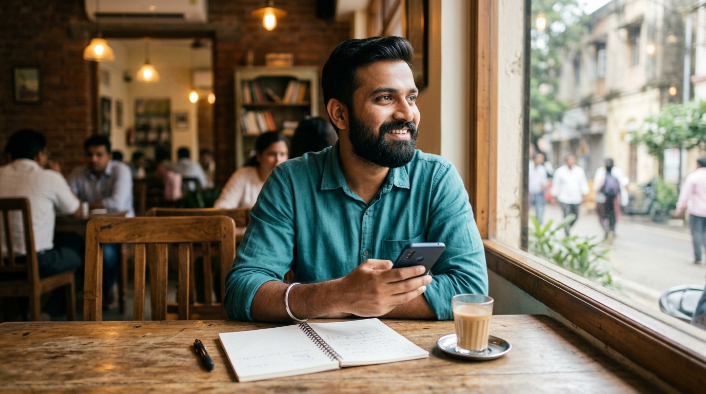 Man in a cafe checking what online workers report about paise kaise kamaye online honest routes.