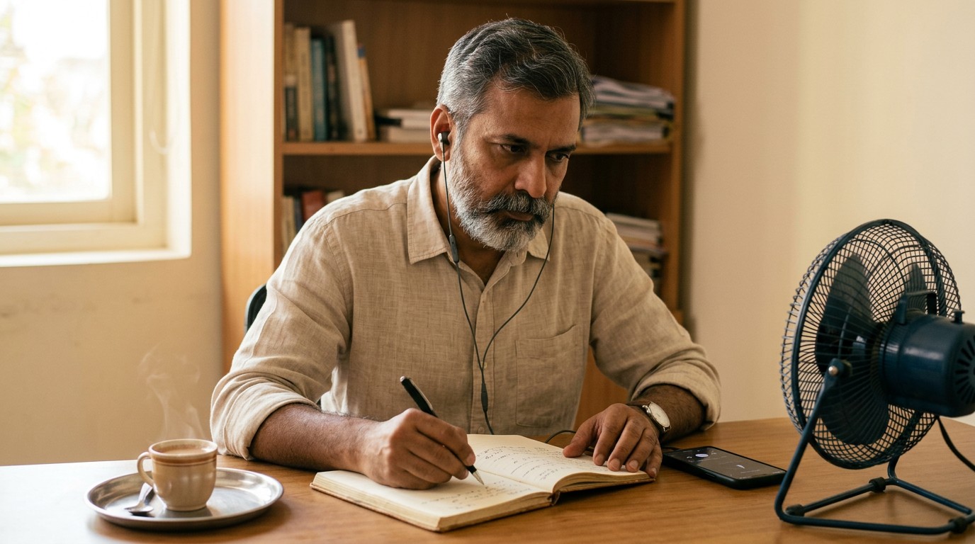 A man researches specialized medical terms while doing transcription jobs from home in India.