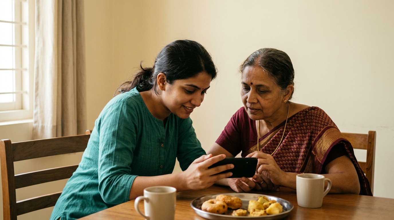 Two women at a home table compare notes on platform work, as reported in this mindrift india review.