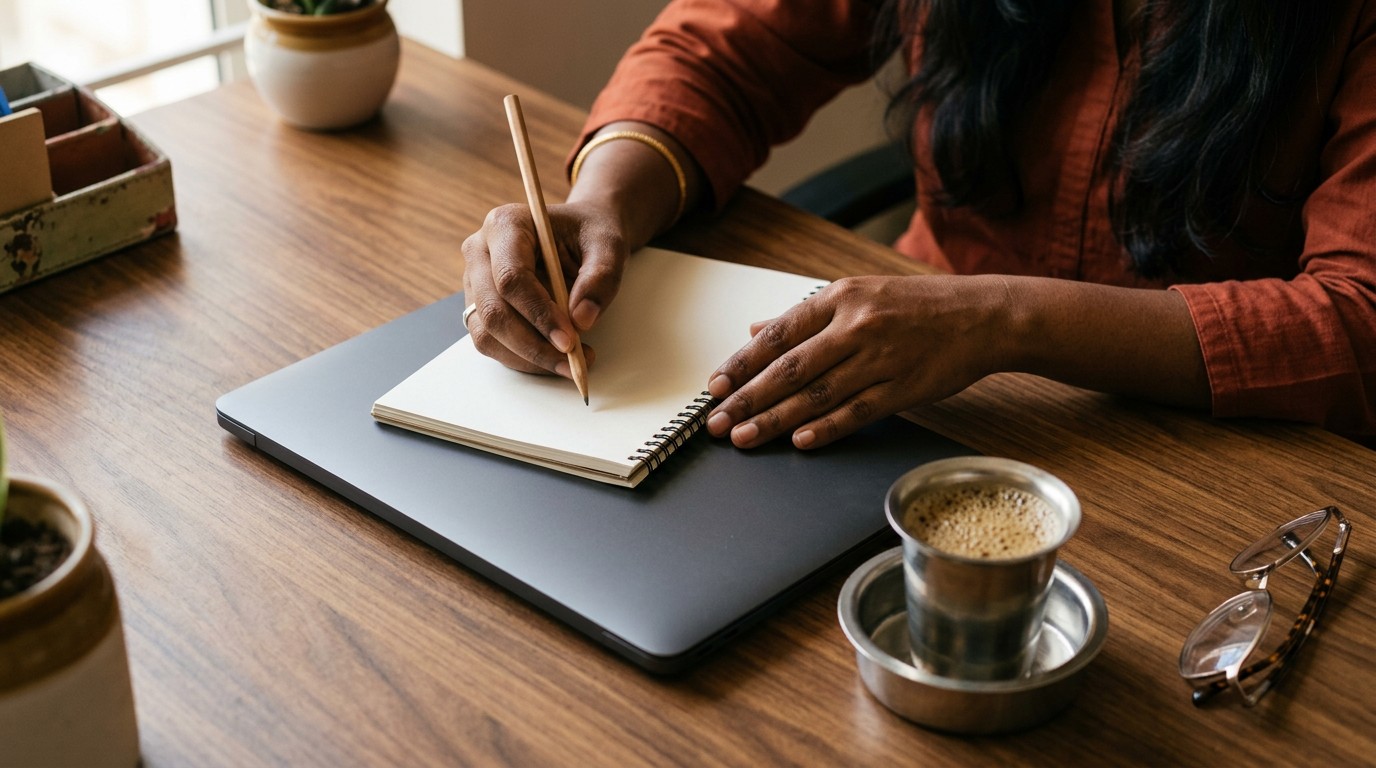 A freelancer works out payoneer india fees on a notepad beside a closed laptop and filter coffee.