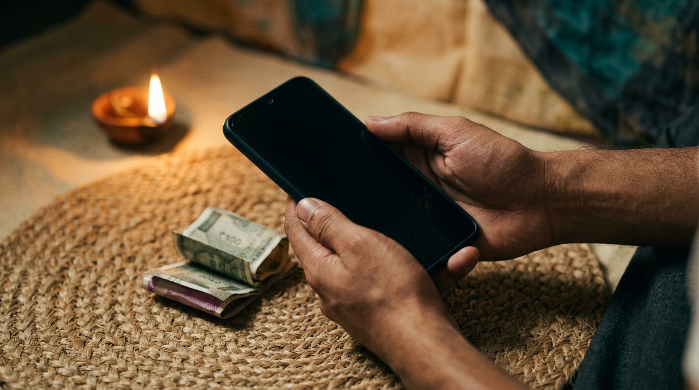 Hands holding a phone beside folded rupee notes as a fee for packing jobs from home is paid