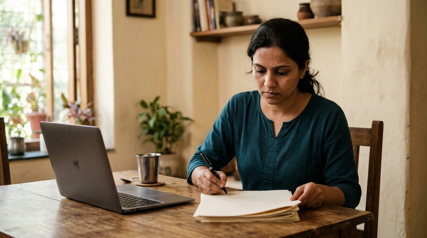 A woman at home signs papers to complete her fir for cyber crime within three days.