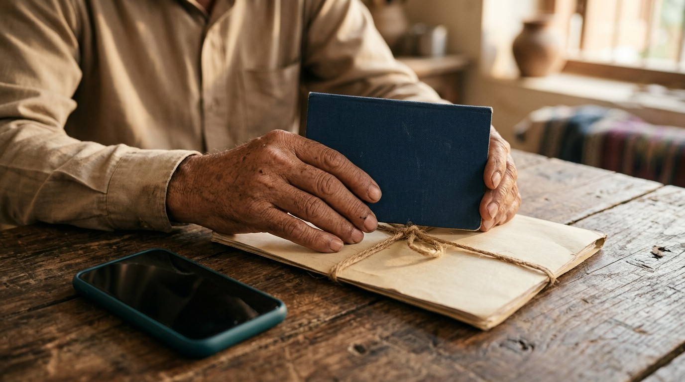 Older hands hold a bank passbook and a tied folder of papers for an fir for cyber crime.