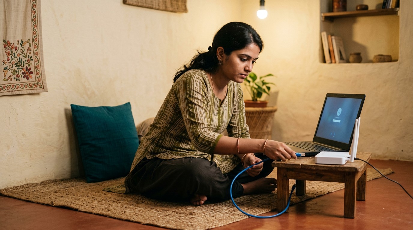 A woman plugs in her router to prepare her setup for ai training work laptop requirements.