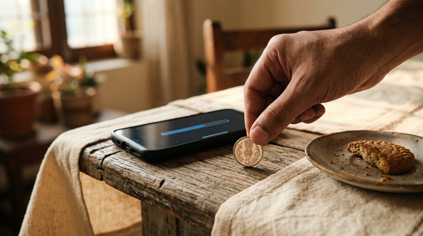 A coin placed beside a phone, the first rupee from paise kaise kamaye online honest work.