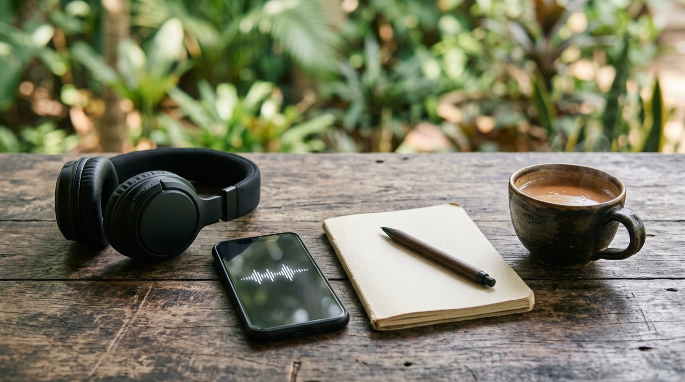 Headphones, a phone showing an audio waveform and a notebook set up for transcription jobs from home.