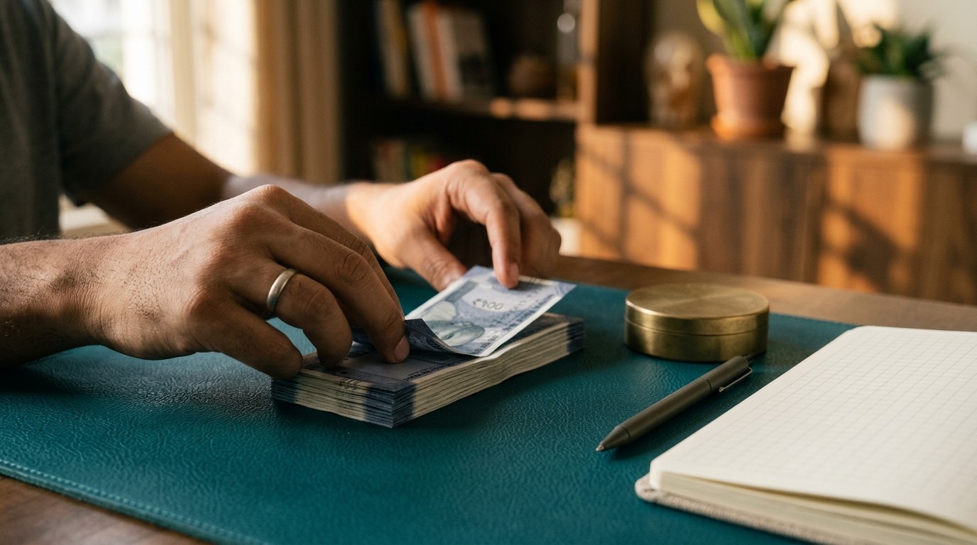 Hands organizing rupee notes and a ledger, preparing for tax changes under the income tax act 2025 freelancers.