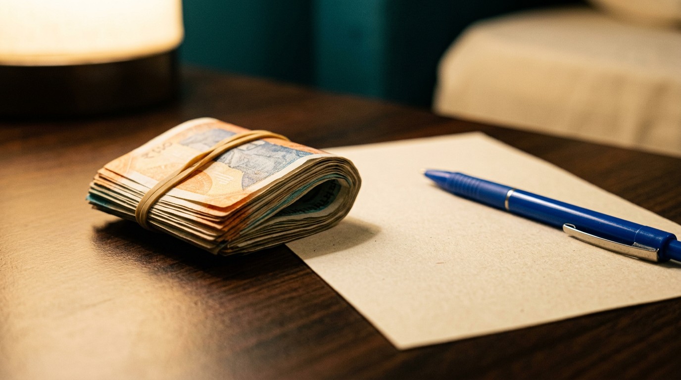 Bundled Indian rupee notes beside blank paper, the real cost of the forever company work from home offer.