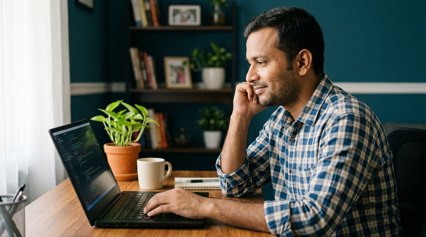 Indian man at a laptop weighing reviews after the toloka mindrift india migration