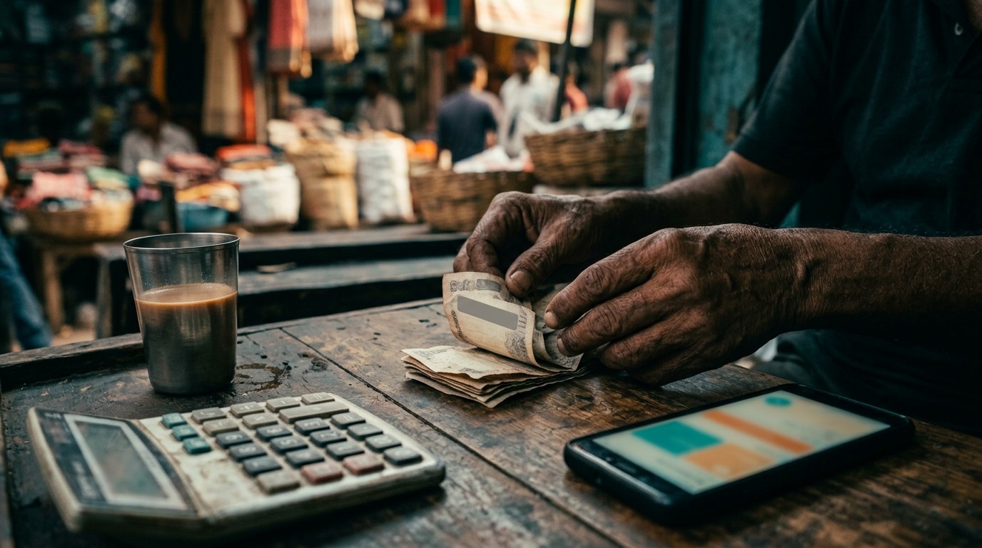 Hands counting Indian rupees at a counter, highlighting tracing challenges in scam money recovery india.