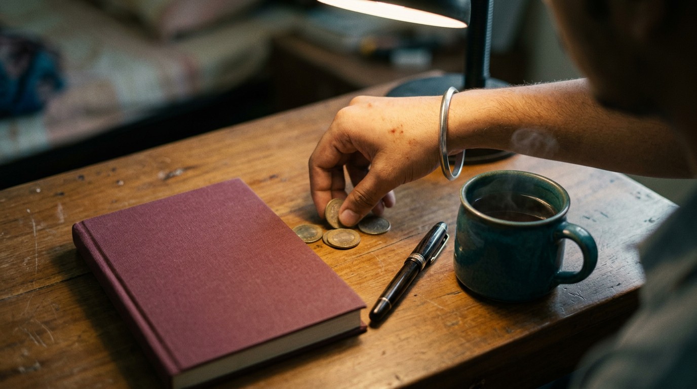 Hand placing coins beside a closed notebook, a reminder that fellowship rules can limit student AI training income