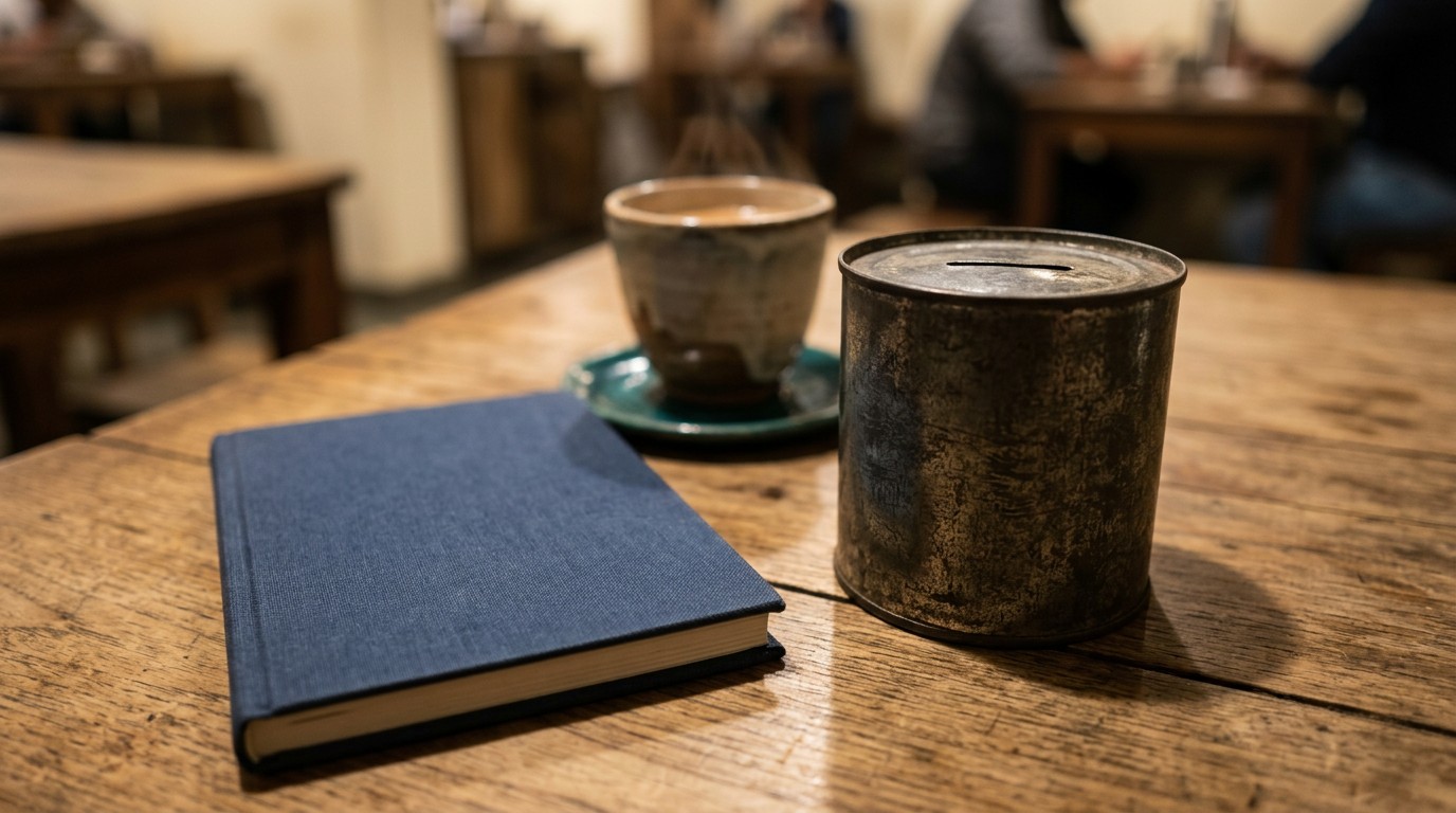 Closed blue planner beside a savings tin and chai, for tracking toloka mindrift india payout dates