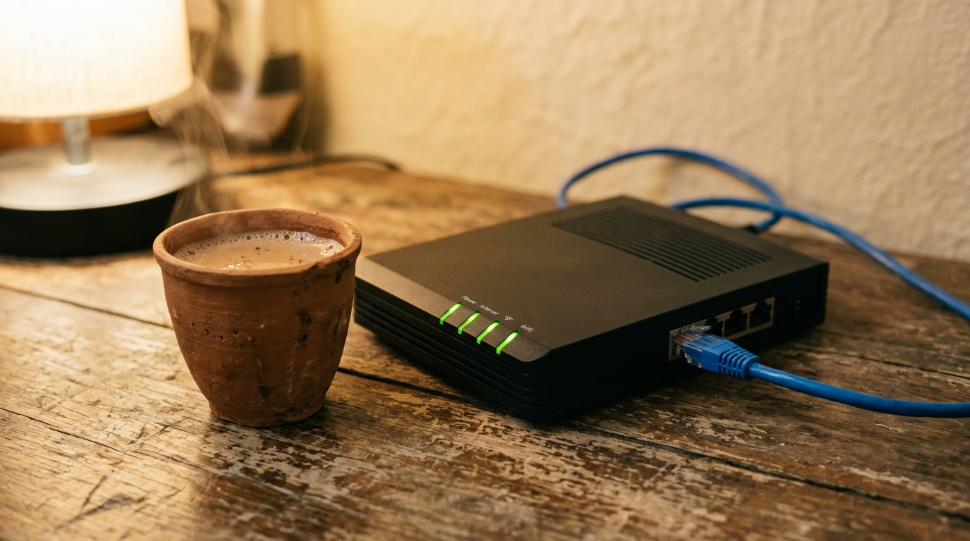 An internet router and a cup of tea, essential for work from home jobs for freshers.
