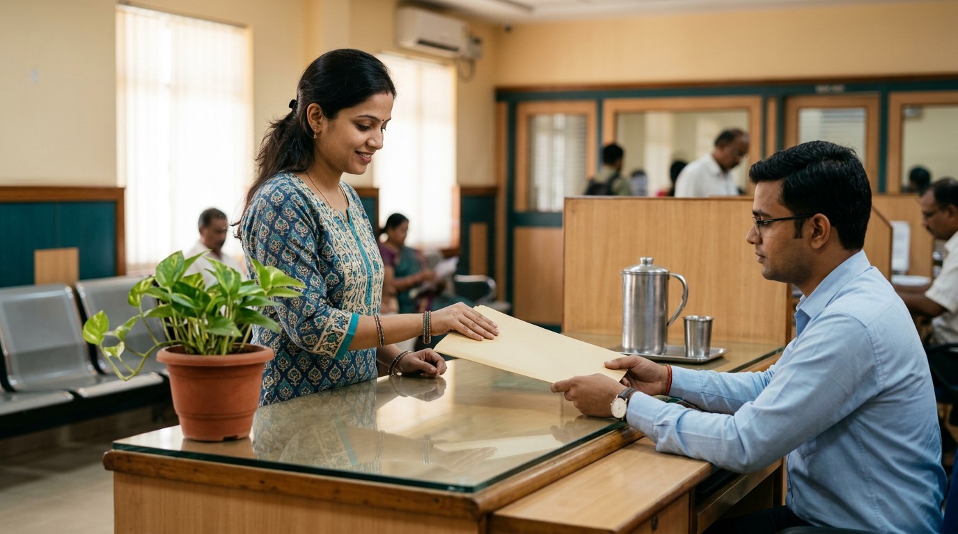 A woman hands over a folder at a bank counter, part of the documents needed online work india.
