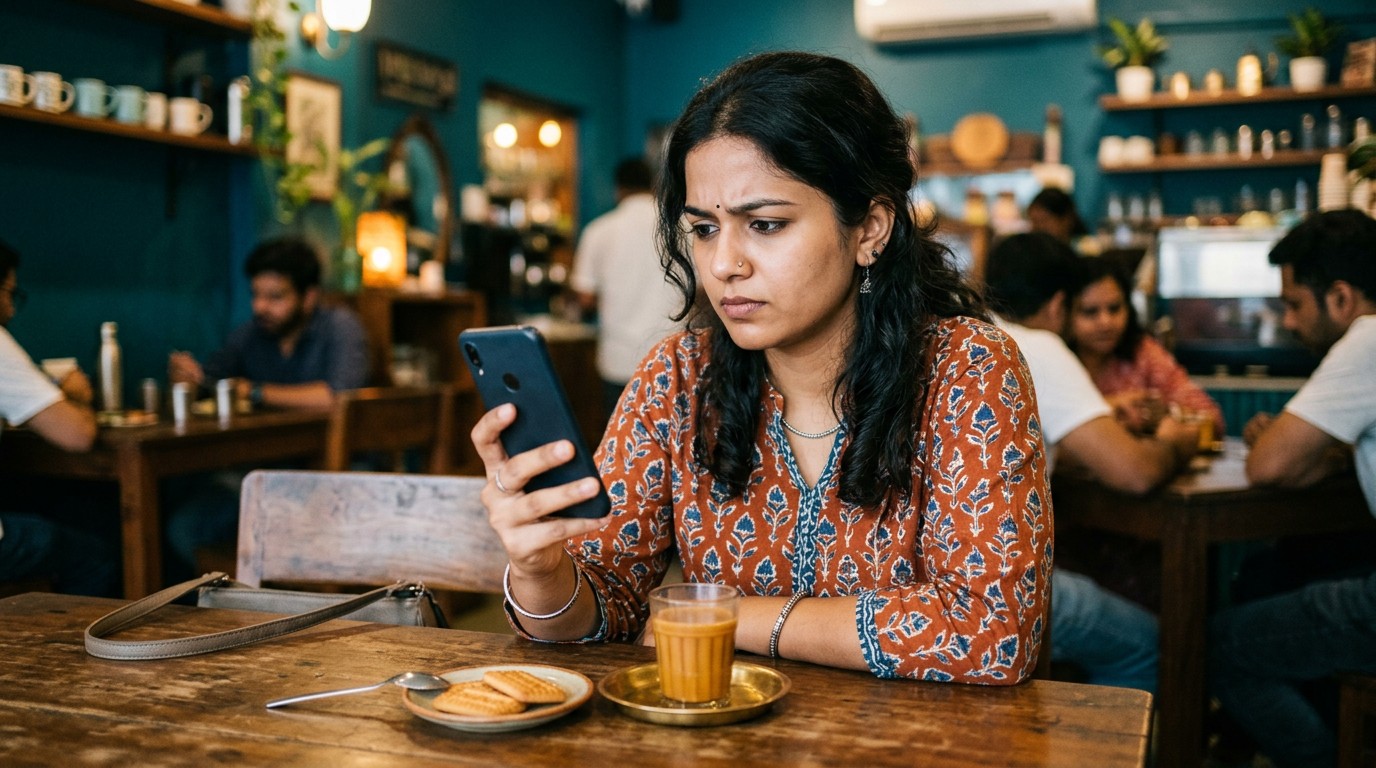 An Indian woman cautiously checks her phone regarding the documents needed online work india.