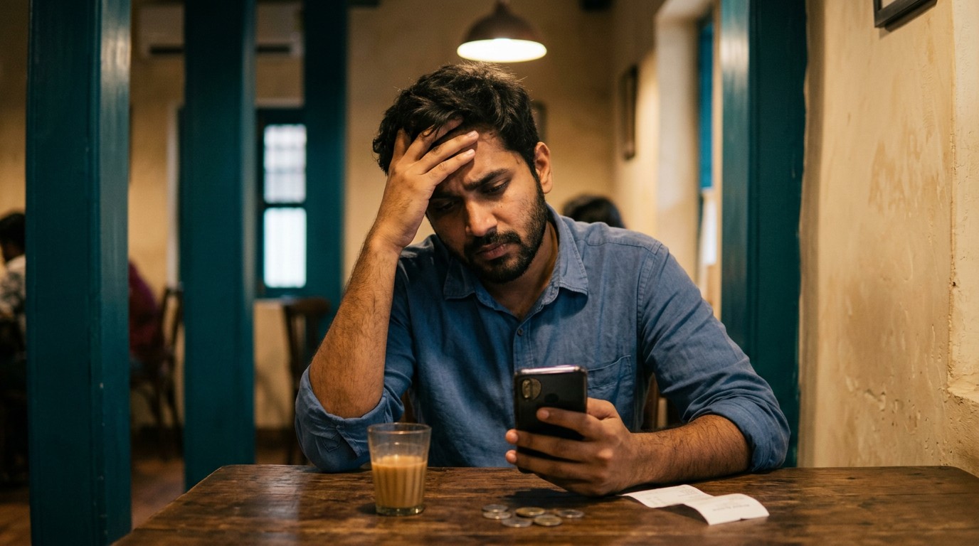 A stressed Indian man reviewing his phone, representing risks in telecalling jobs work from home.