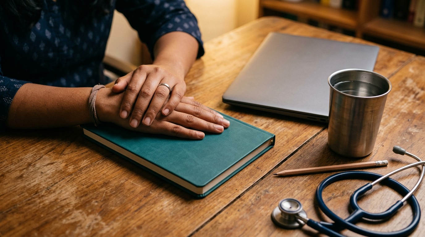 Hands resting on a teal notebook beside a stethoscope, preparing for medical coding jobs from home certification