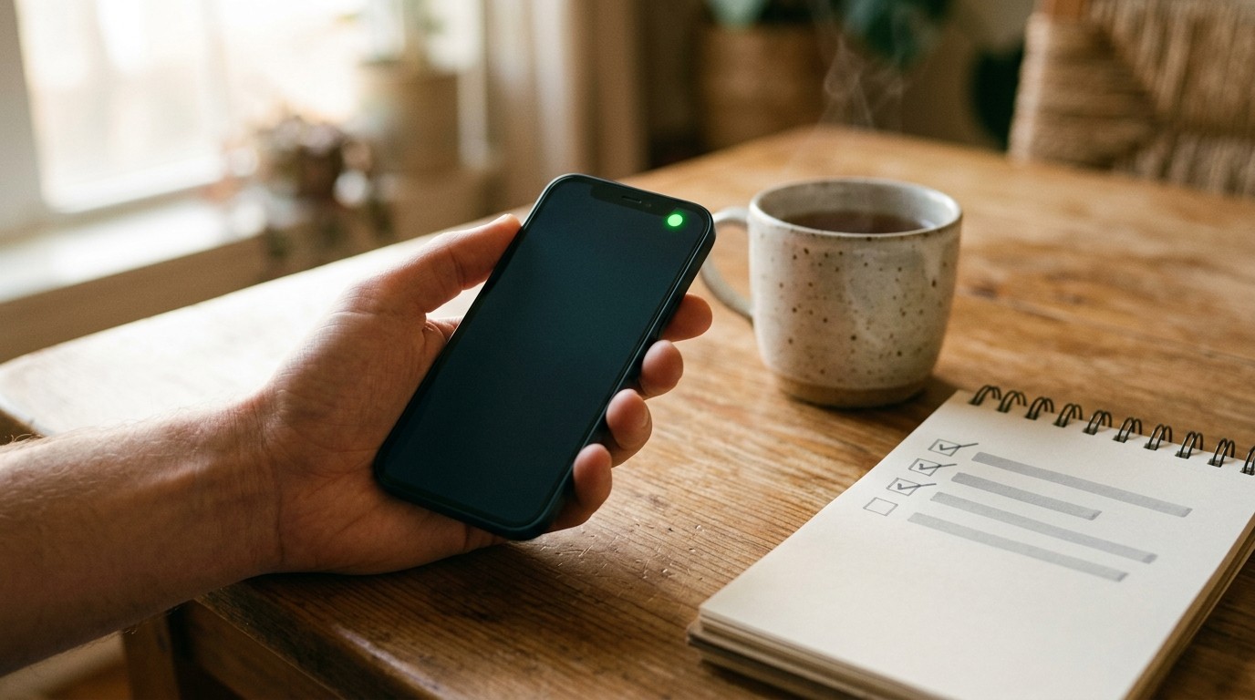 A close up of a freelancer's hand holding a phone displaying a successful notification for an upwork india first, upwork india first client